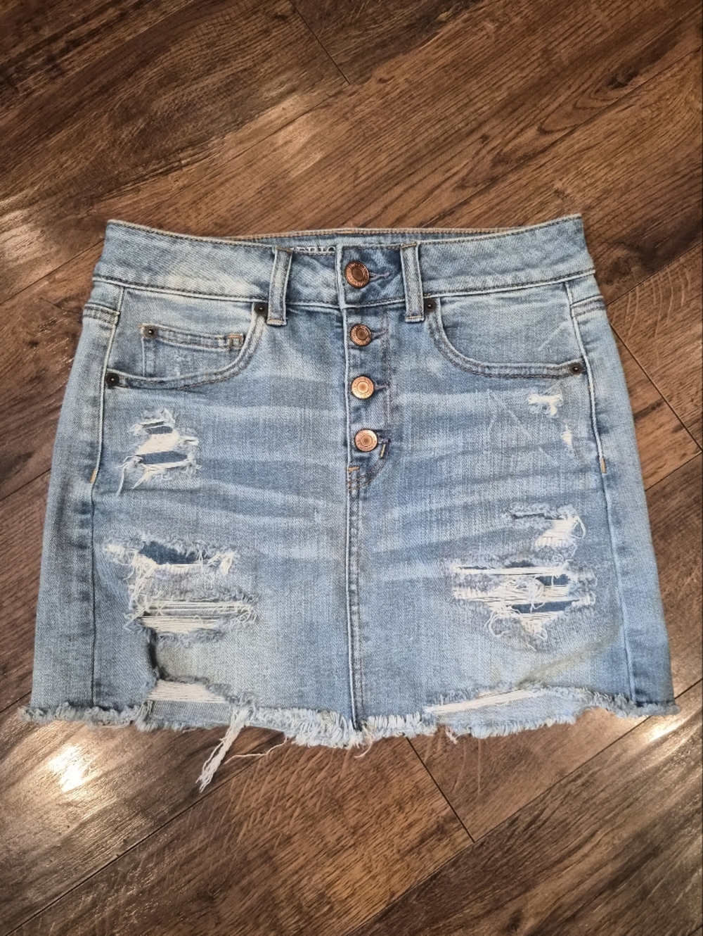 American Eagle Outfitters Light Blue Distressed Denim Mini Skirt